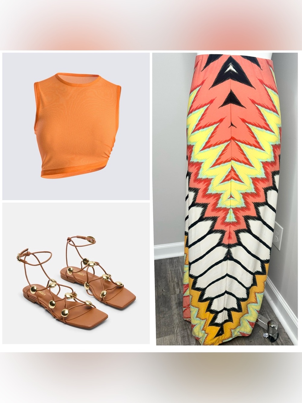 ECI Chevron Maxi Skirt in Coral, Yellow & Black- large